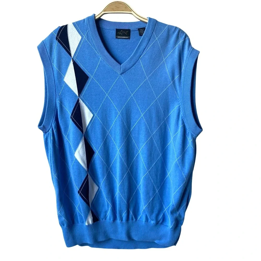 Greg Norman Argyle V-Neck Sweater Vest Mens L Blue Pima Cotton Old Money Golf
